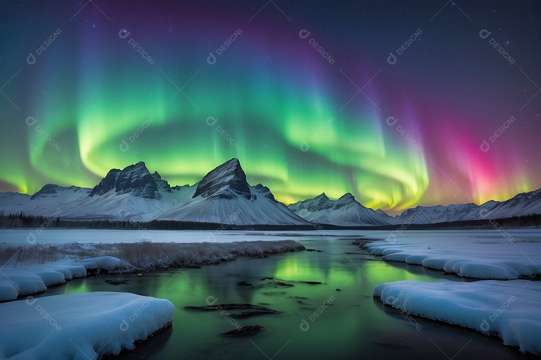 Aurora Boreal em uma paisagem gelada com cores vibrantes cruzando o céu noturno