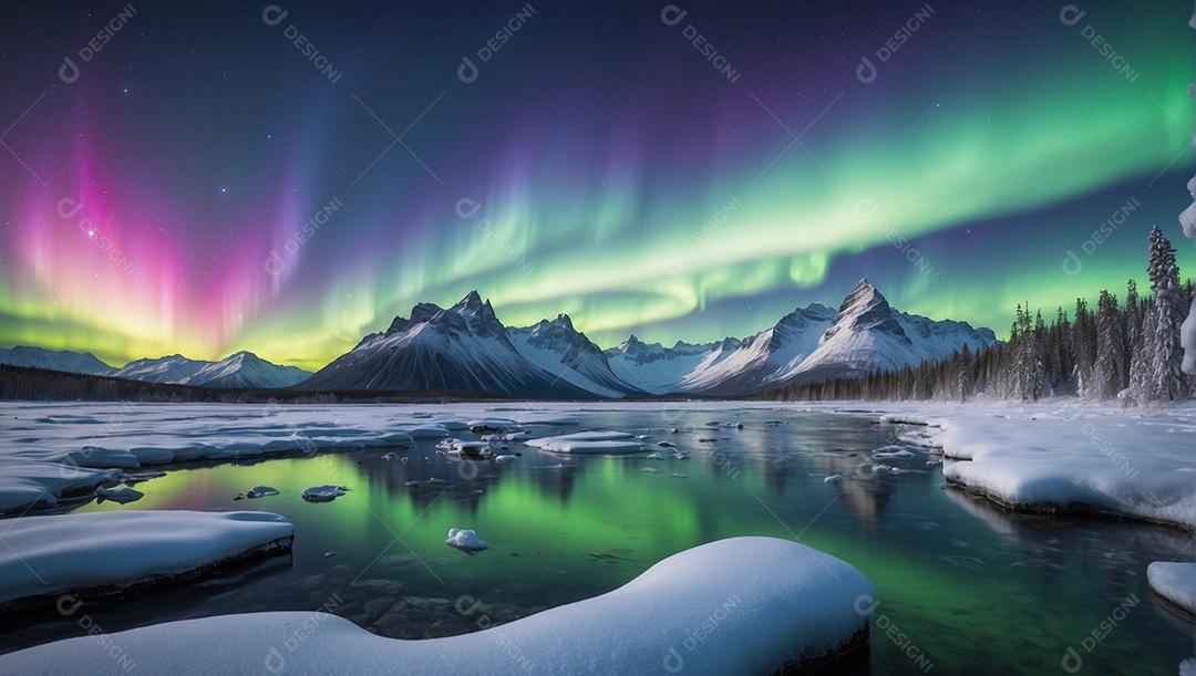 Aurora Boreal em uma paisagem gelada com cores vibrantes cruzando o céu noturno