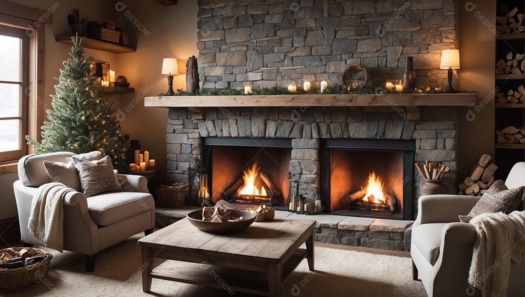 Crie um ambiente aconchegante e convidativo com uma lareira aconchegante, fogo crepitante e poltronas confortáveis ​​cobertas com cobertores macios.