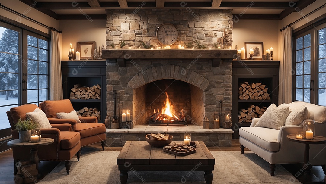 Crie um ambiente aconchegante e convidativo com uma lareira aconchegante, fogo crepitante e poltronas confortáveis ​​cobertas com cobertores macios.