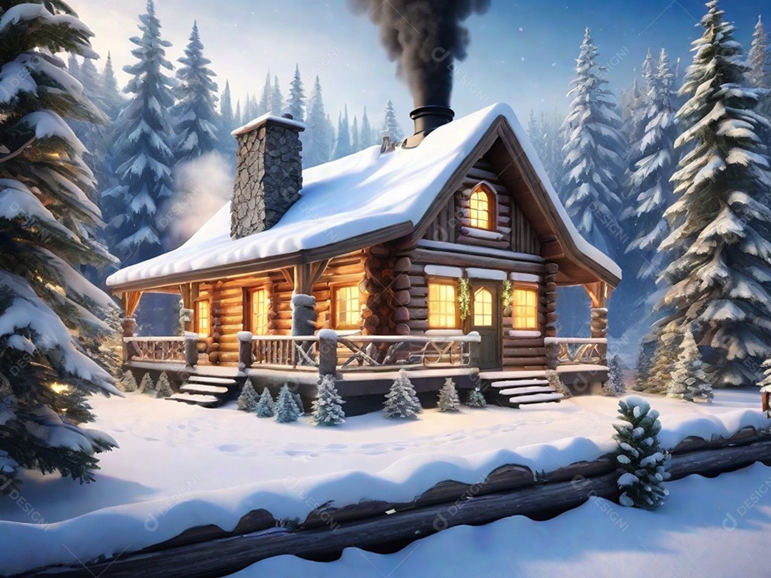 Natal com luz, uma charmosa cabana de madeira situada em uma floresta nevada, completa com fumaça ondulando a partir da vista da chaminé.
