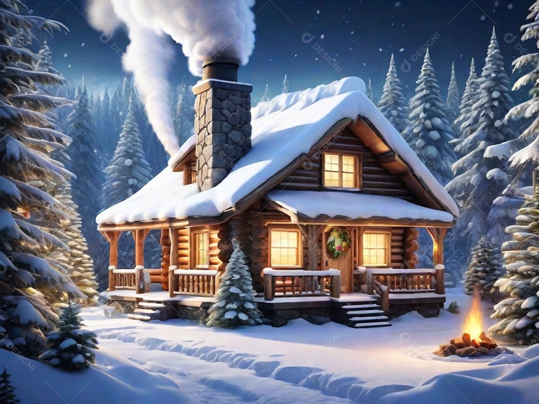 Natal com luz, uma charmosa cabana de madeira situada em uma floresta nevada, completa com fumaça ondulando a partir da vista da chaminé.