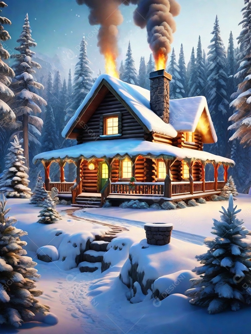 Natal com luz, uma charmosa cabana de madeira situada em uma floresta nevada, completa com fumaça ondulando a partir da vista da chaminé.