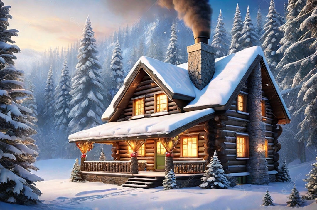 Natal com luz, uma charmosa cabana de madeira situada em uma floresta nevada, completa com fumaça ondulando a partir da vista da chaminé.