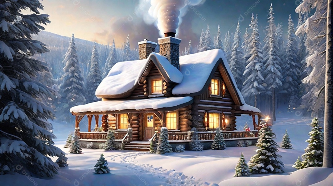 Natal com luz, uma charmosa cabana de madeira situada em uma floresta nevada, completa com fumaça ondulando a partir da vista da chaminé.