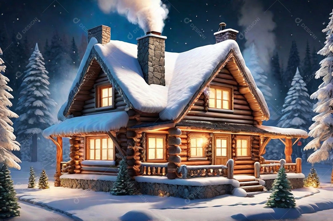 Natal com luz, uma charmosa cabana de madeira situada em uma floresta nevada, completa com fumaça ondulando a partir da vista da chaminé.