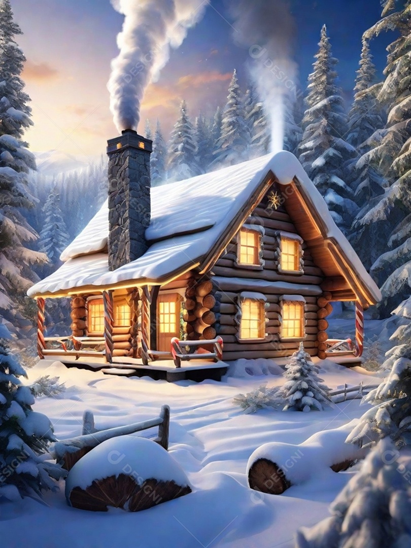 Natal com luz, uma charmosa cabana de madeira situada em uma floresta nevada, completa com fumaça ondulando a partir da vista da chaminé.