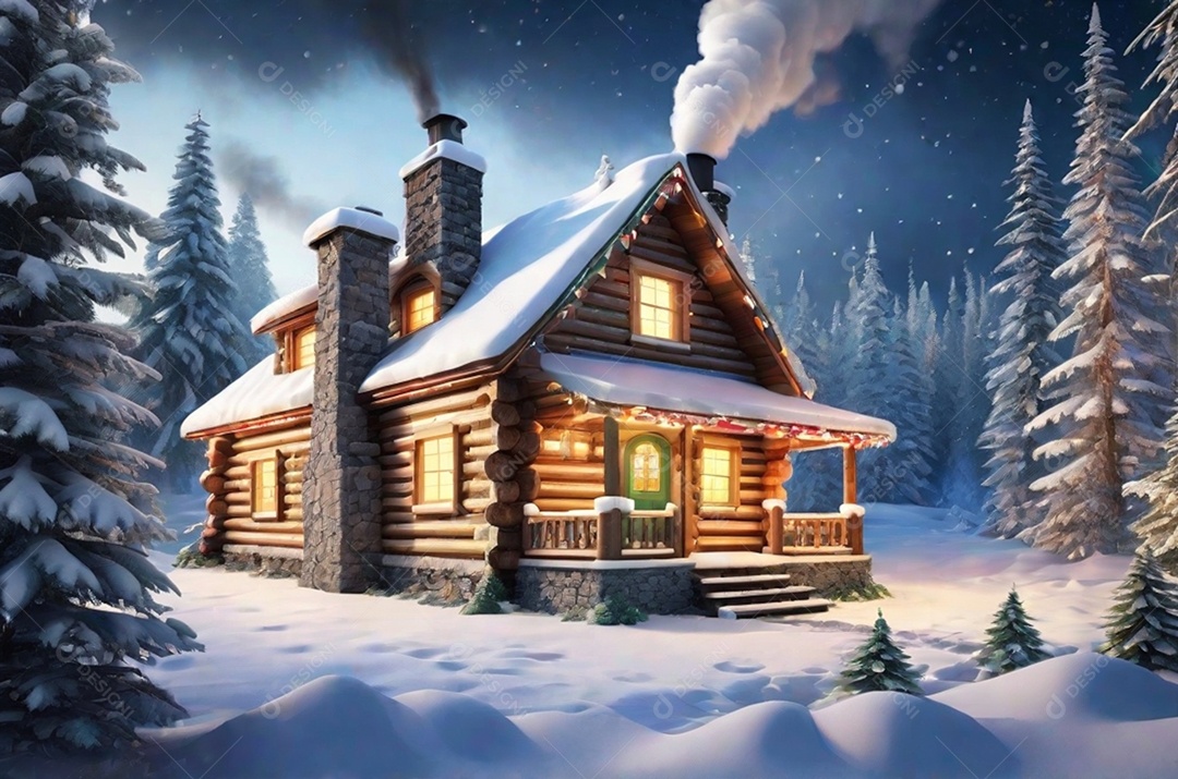 Natal com luz, uma charmosa cabana de madeira situada em uma floresta nevada, completa com fumaça ondulando a partir da vista da chaminé.