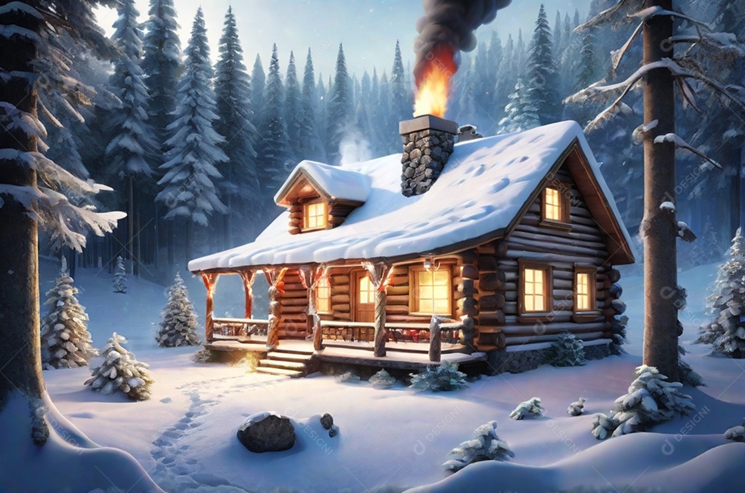 Natal com luz, uma charmosa cabana de madeira situada em uma floresta nevada, completa com fumaça ondulando a partir da vista da chaminé.
