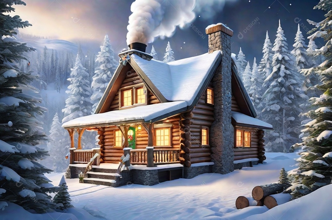 Natal com luz, uma charmosa cabana de madeira situada em uma floresta nevada, completa com fumaça ondulando a partir da vista da chaminé.