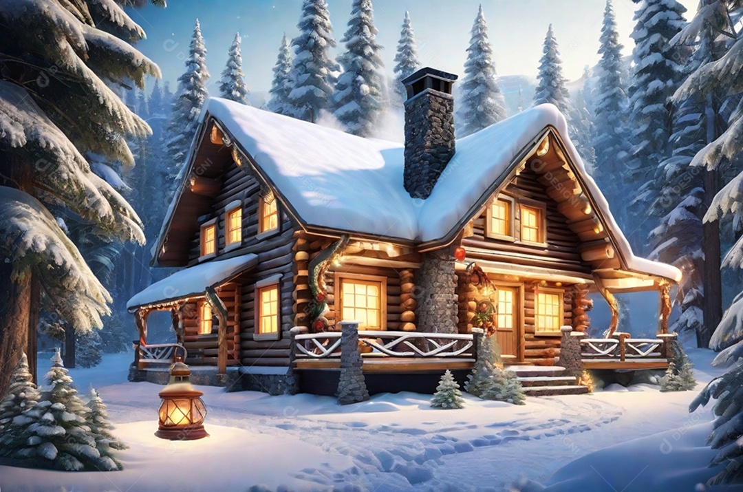 Natal com luz, uma charmosa cabana de madeira situada em uma floresta nevada, completa com fumaça ondulando a partir da vista da chaminé.
