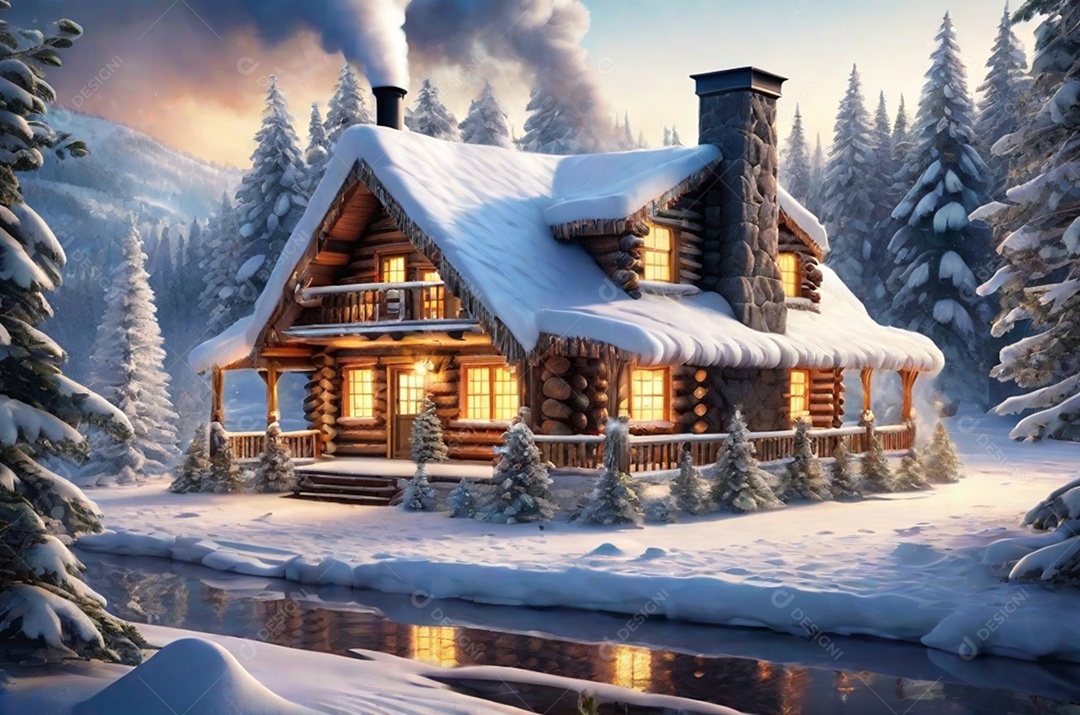 Natal com luz, uma charmosa cabana de madeira situada em uma floresta nevada, completa com fumaça ondulando a partir da vista da chaminé.