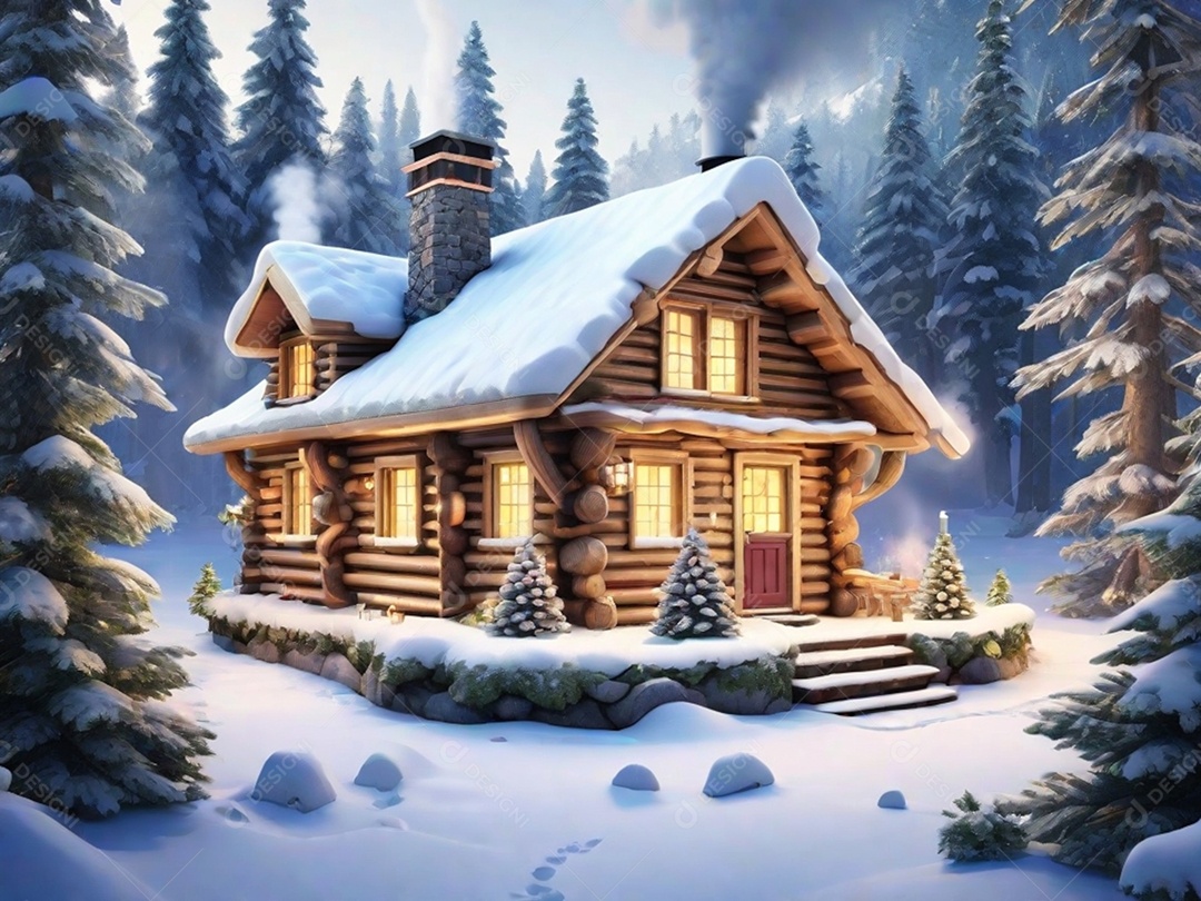 Natal com luz, uma charmosa cabana de madeira situada em uma floresta nevada, completa com fumaça ondulando a partir da vista da chaminé.