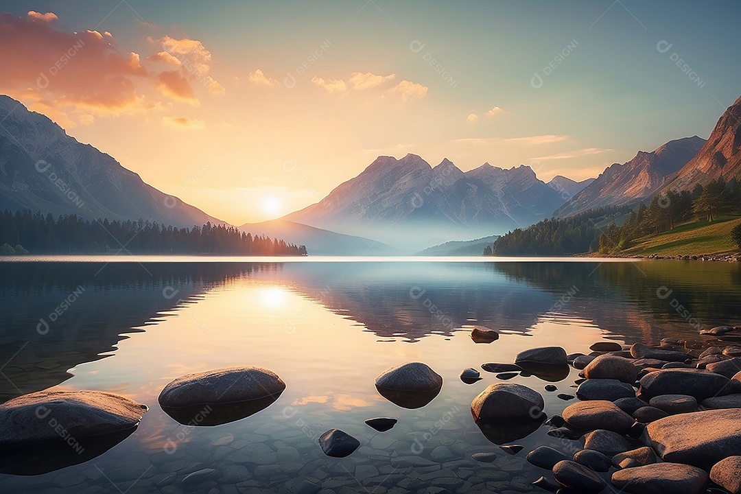Linda paisagem oceano pacífico lago montanha nascer do sol