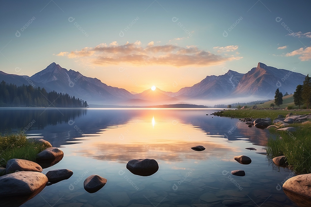 Linda paisagem oceano pacífico lago montanha nascer do sol