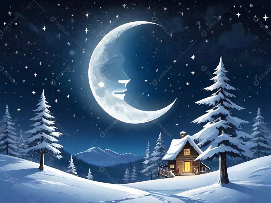 Natal com luz, uma charmosa cabana de madeira situada em uma floresta nevada, completa com fumaça ondulando a partir da vista da chaminé.