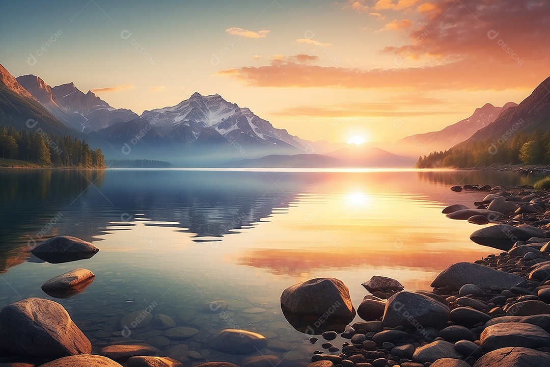 Linda paisagem oceano pacífico lago montanha nascer do sol