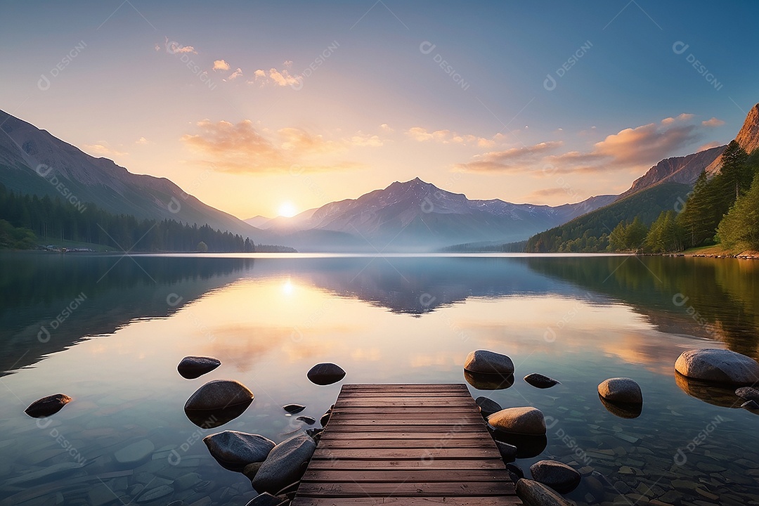 Linda paisagem oceano pacífico lago montanha nascer do sol