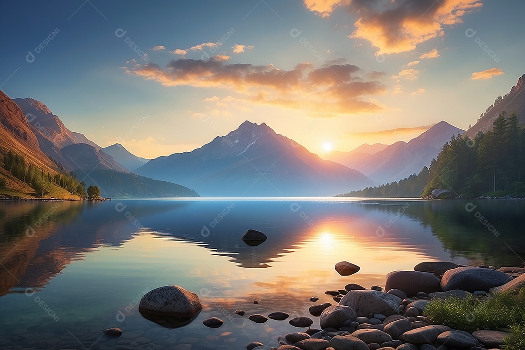 Linda paisagem oceano pacífico lago montanha nascer do sol