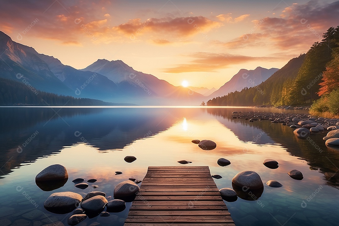 Linda paisagem oceano pacífico lago montanha nascer do sol