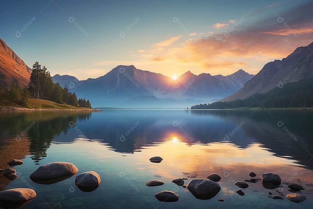 Linda paisagem oceano pacífico lago montanha nascer do sol
