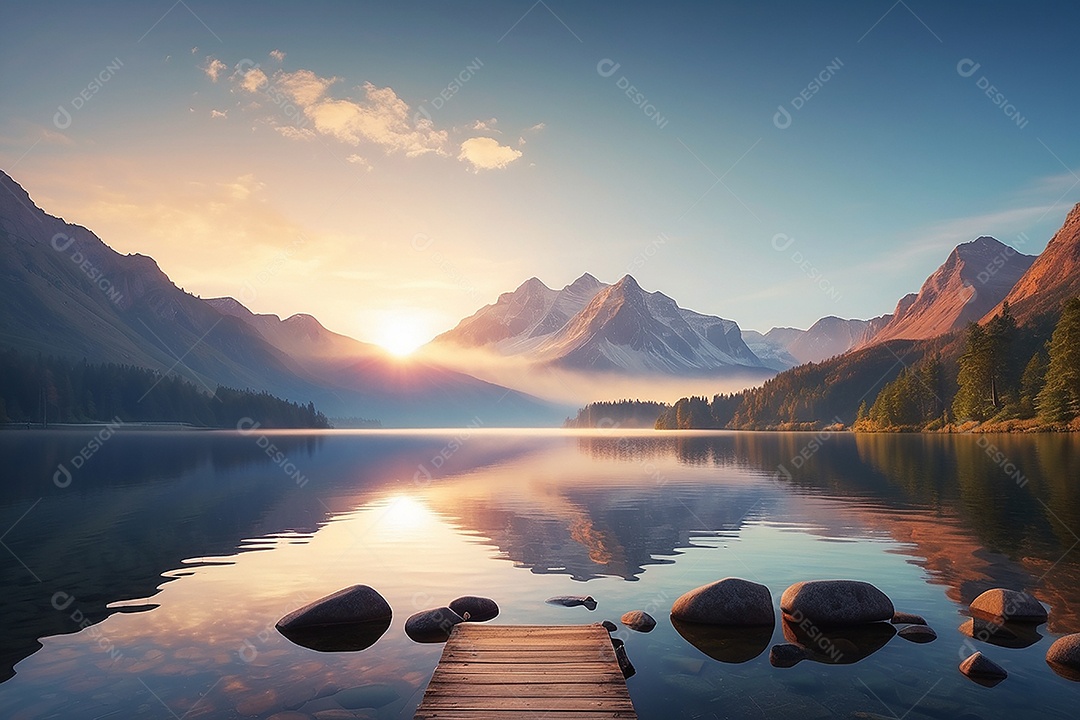 Linda paisagem oceano pacífico lago montanha nascer do sol