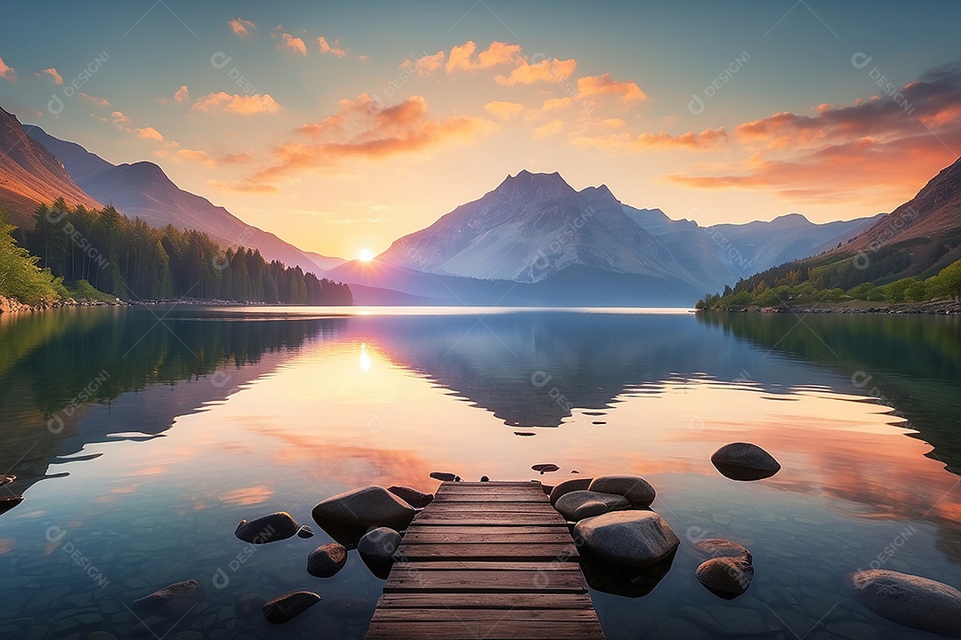 Linda paisagem oceano pacífico lago montanha nascer do sol