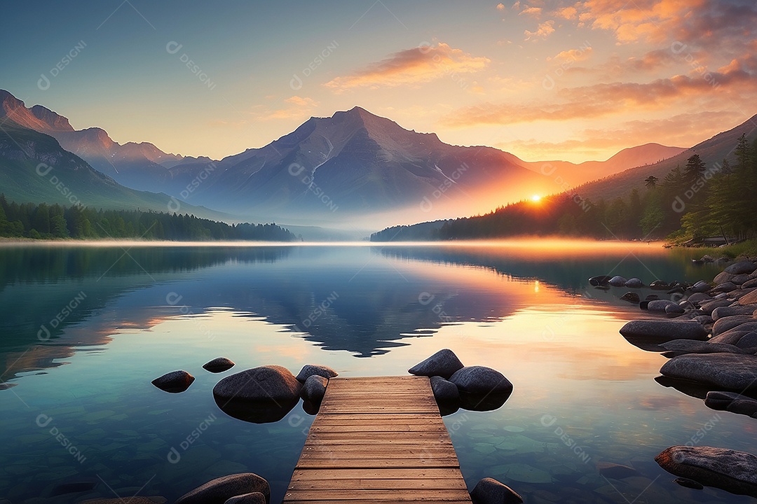 Linda paisagem oceano pacífico lago montanha nascer do sol