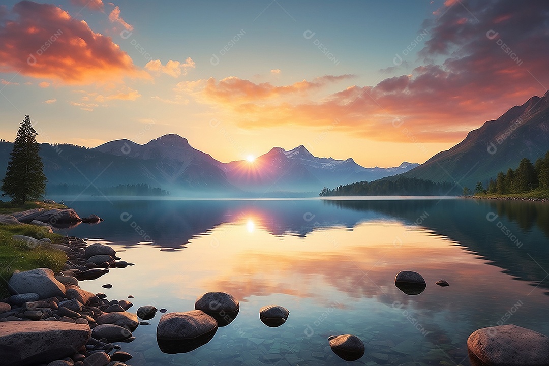 Linda paisagem oceano pacífico lago montanha nascer do sol