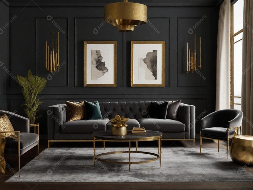 Combine paredes cinza escuro com texturas luxuosas como veludo, detalhes em latão e móveis de madeira rica para uma sala de estar ou quarto elegante e temperamental.