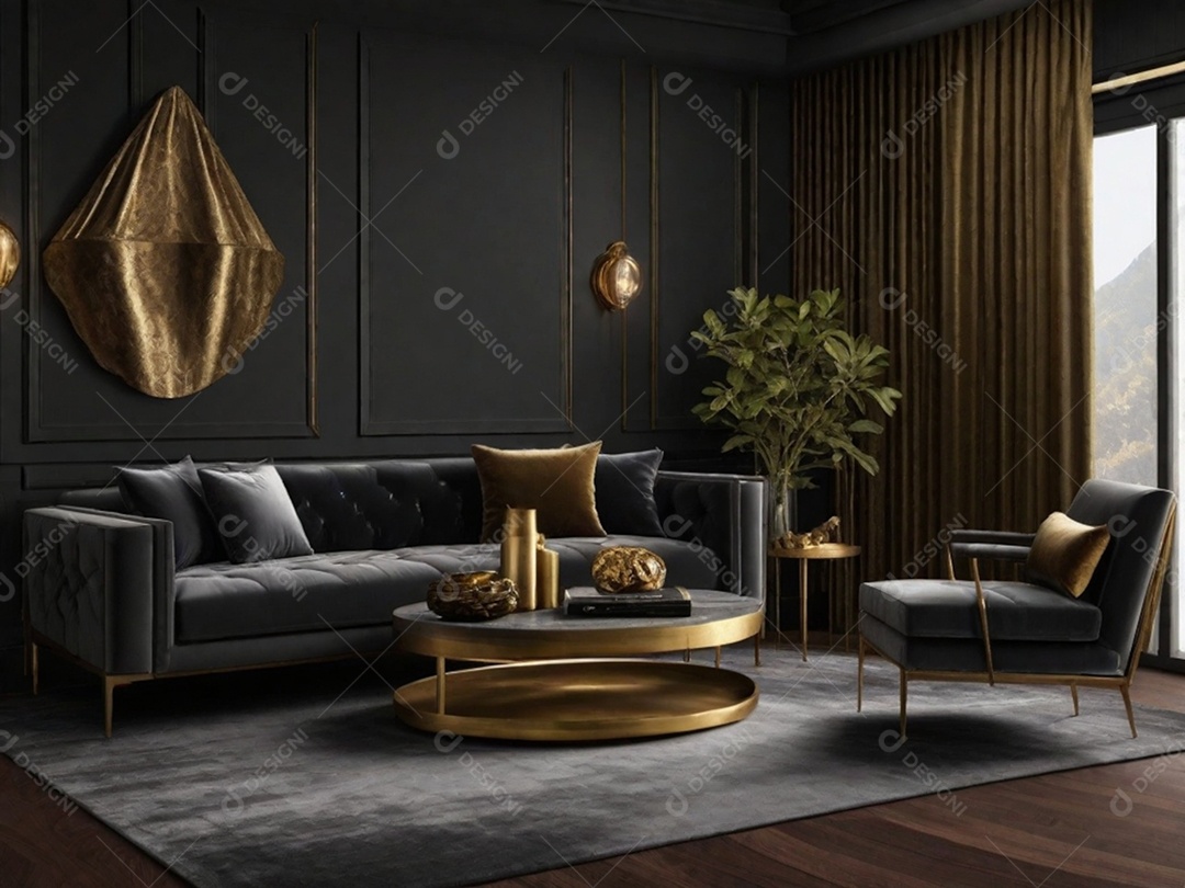 Combine paredes cinza escuro com texturas luxuosas como veludo, detalhes em latão e móveis de madeira rica para uma sala de estar ou quarto elegante e temperamental.