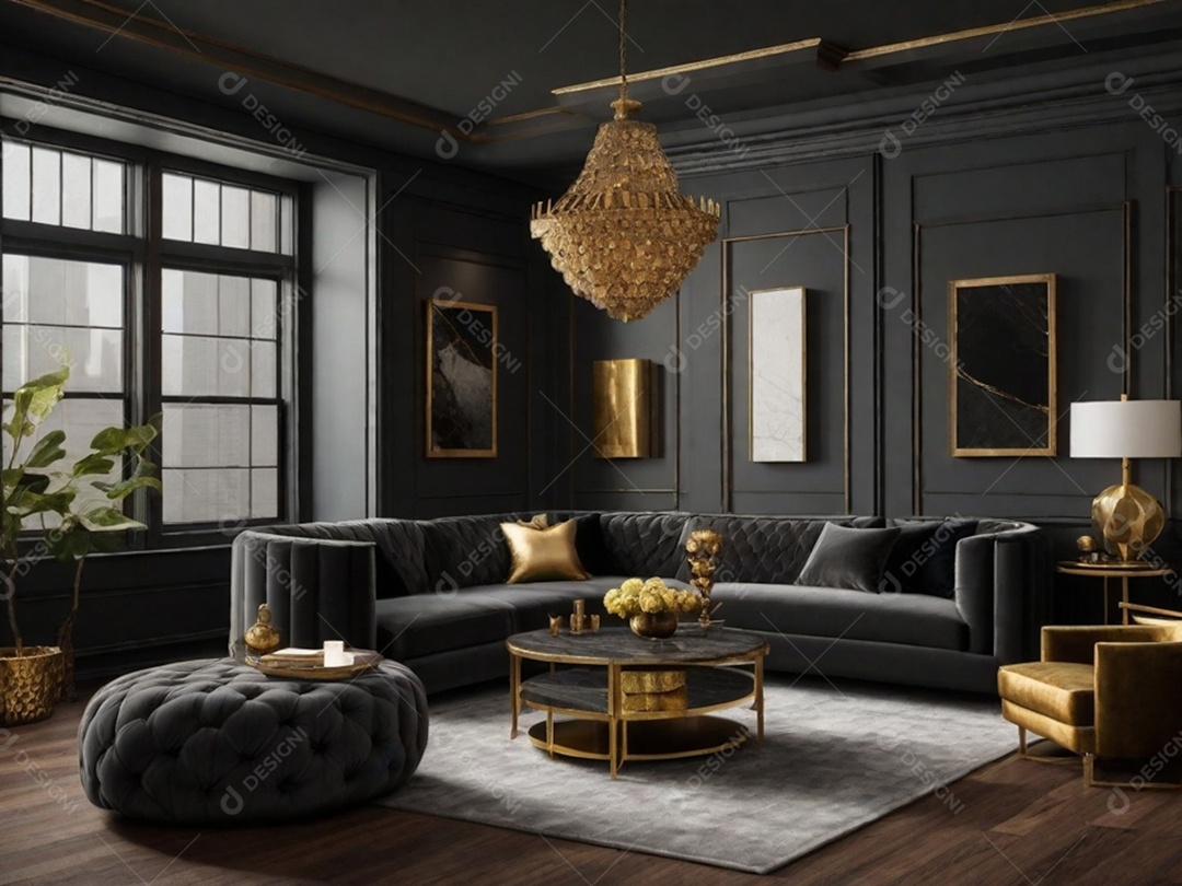 Combine paredes cinza escuro com texturas luxuosas como veludo, detalhes em latão e móveis de madeira rica para uma sala de estar ou quarto elegante e temperamental.