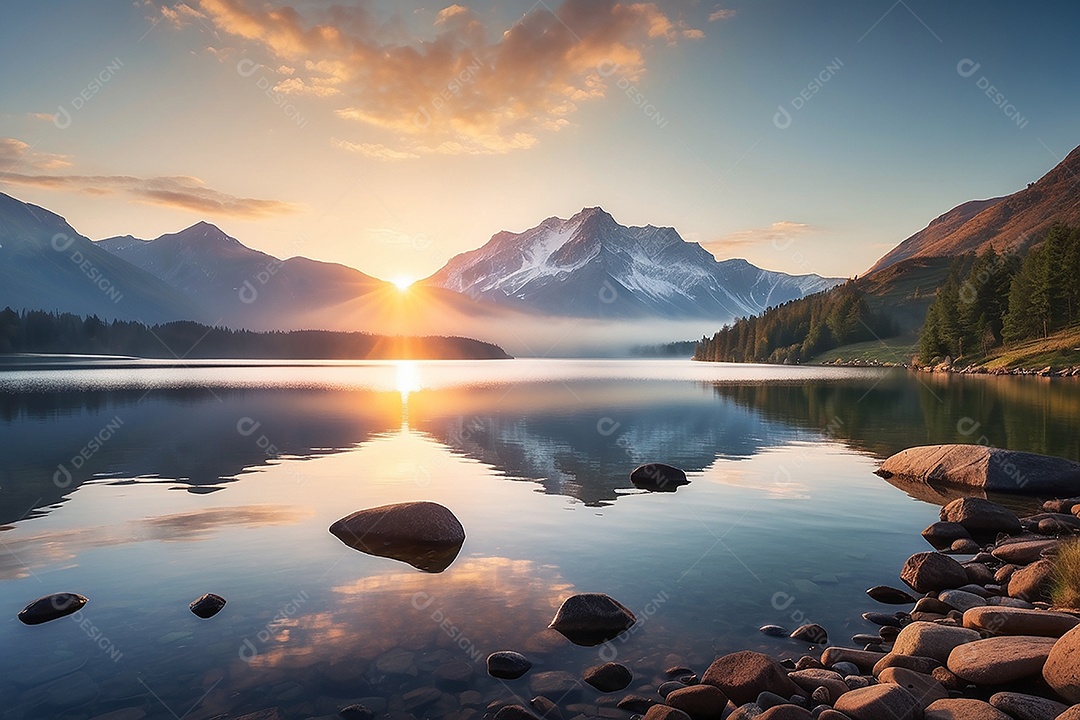 Linda paisagem oceano pacífico lago montanha nascer do sol