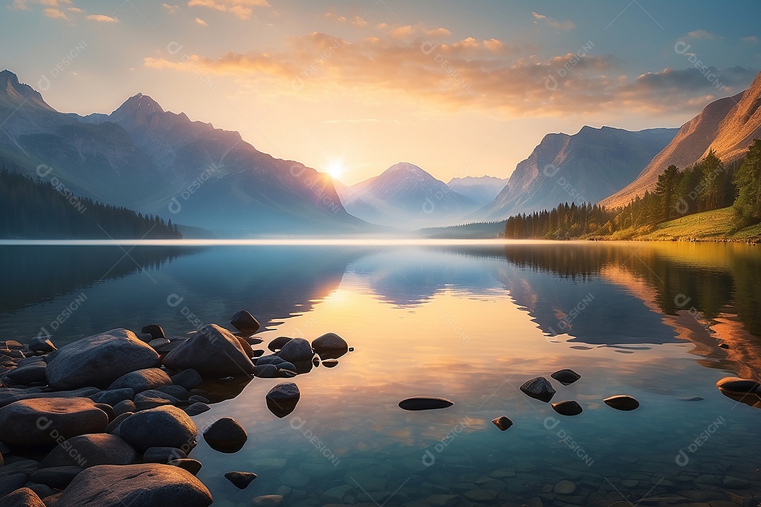 Linda paisagem oceano pacífico lago montanha nascer do sol