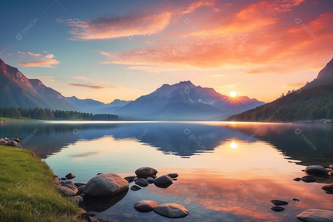 Linda paisagem oceano pacífico lago montanha nascer do sol