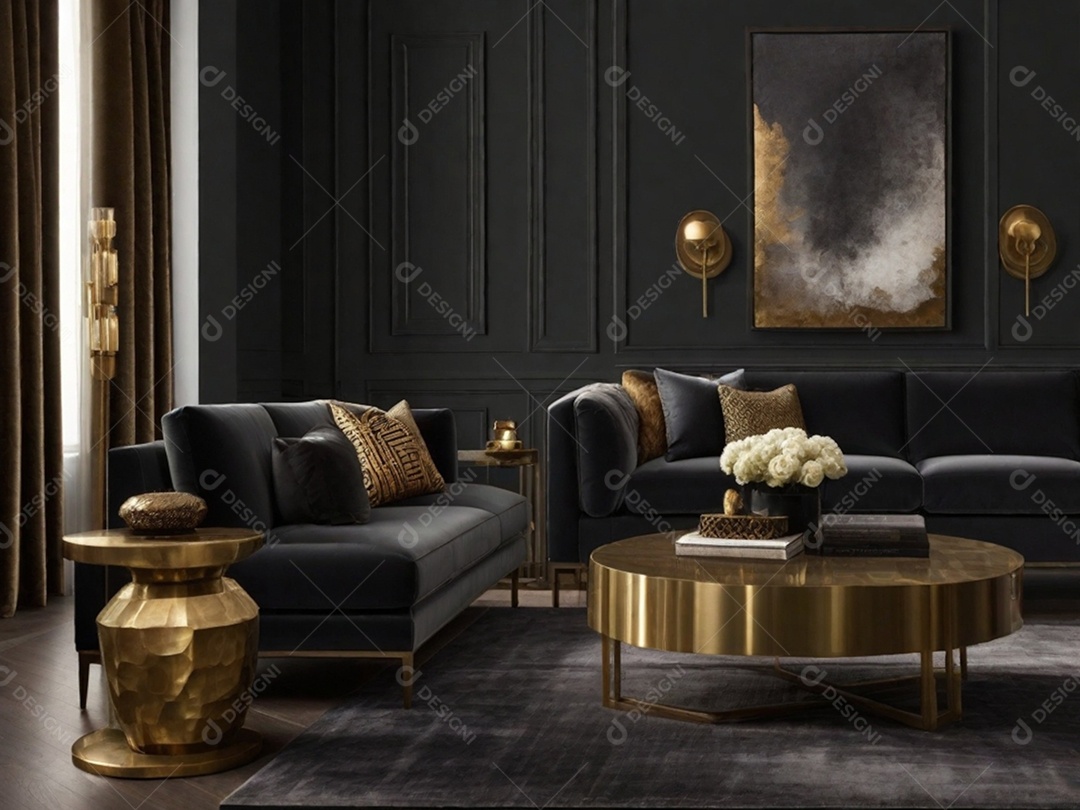 Combine paredes cinza escuro com texturas luxuosas como veludo, detalhes em latão e móveis de madeira rica para uma sala de estar ou quarto elegante e temperamental.