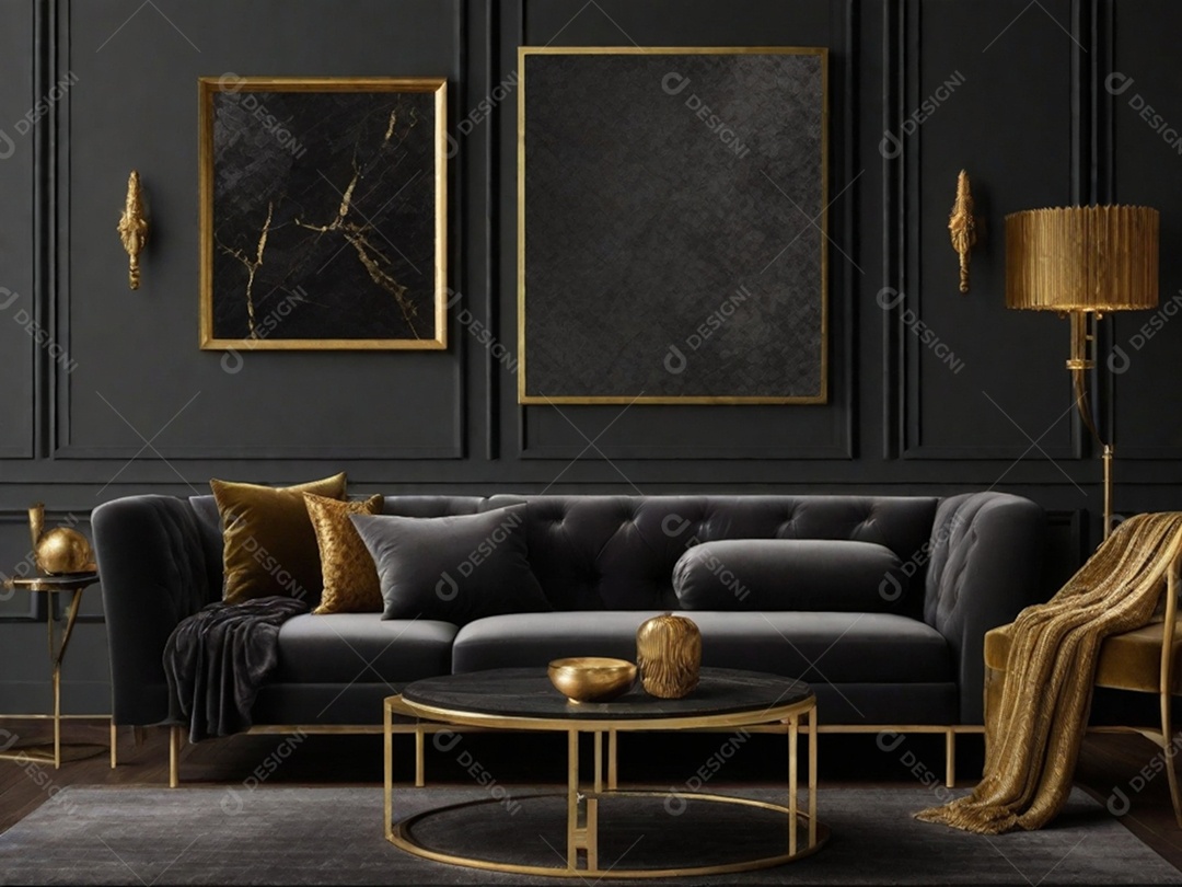 Combine paredes cinza escuro com texturas luxuosas como veludo, detalhes em latão e móveis de madeira rica para uma sala de estar ou quarto elegante e temperamental.