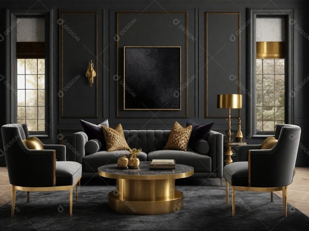 Combine paredes cinza escuro com texturas luxuosas como veludo, detalhes em latão e móveis de madeira rica para uma sala de estar ou quarto elegante e temperamental.