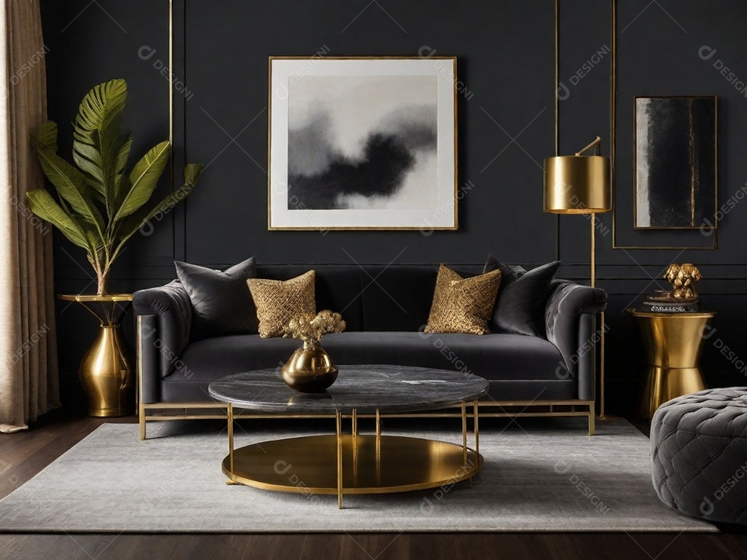 Combine paredes cinza escuro com texturas luxuosas como veludo, detalhes em latão e móveis de madeira rica para uma sala de estar ou quarto elegante e temperamental.