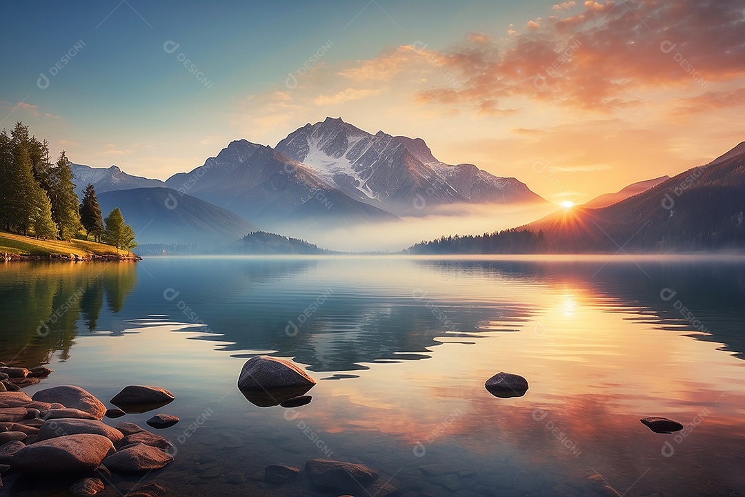 Linda paisagem oceano pacífico lago montanha nascer do sol