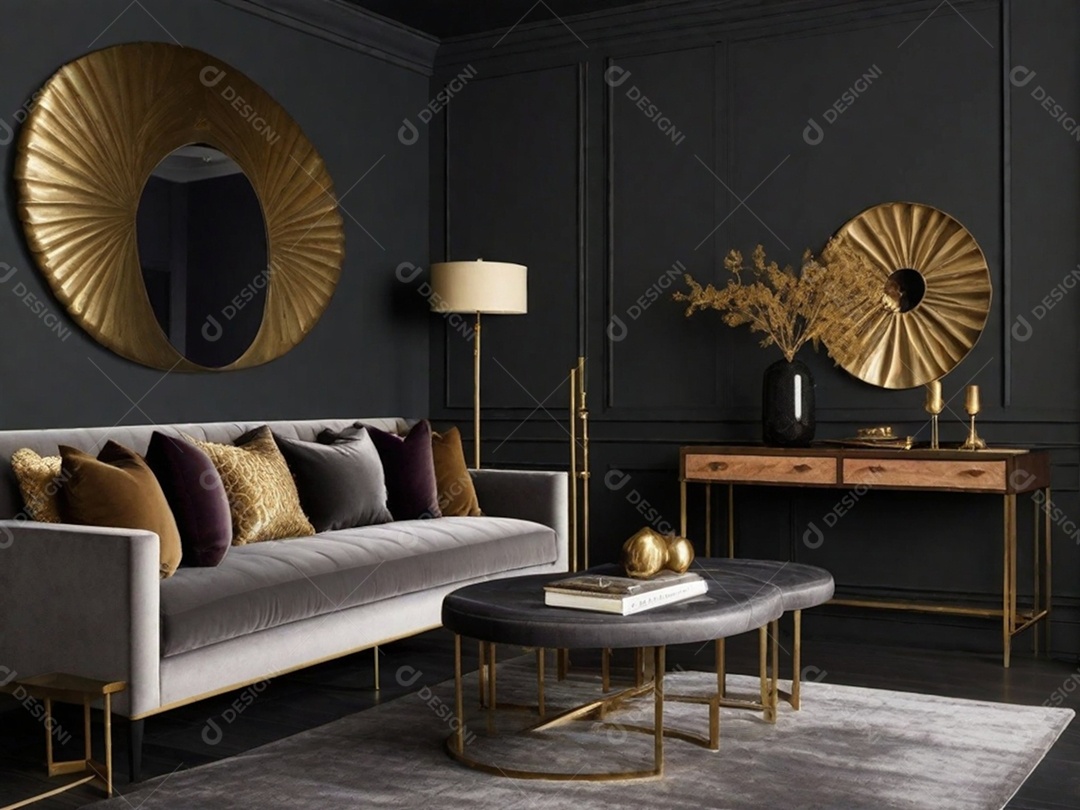 Combine paredes cinza escuro com texturas luxuosas como veludo, detalhes em latão e móveis de madeira rica para uma sala de estar ou quarto elegante e temperamental.