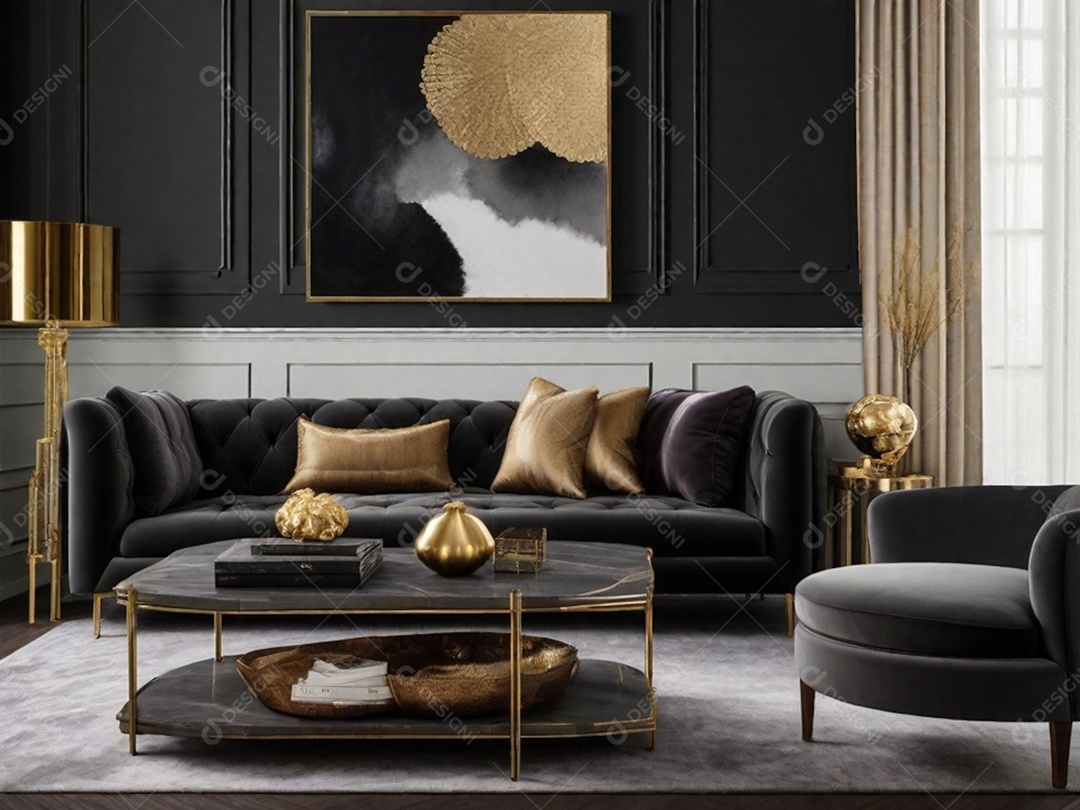 Combine paredes cinza escuro com texturas luxuosas como veludo, detalhes em latão e móveis de madeira rica para uma sala de estar ou quarto elegante e temperamental.