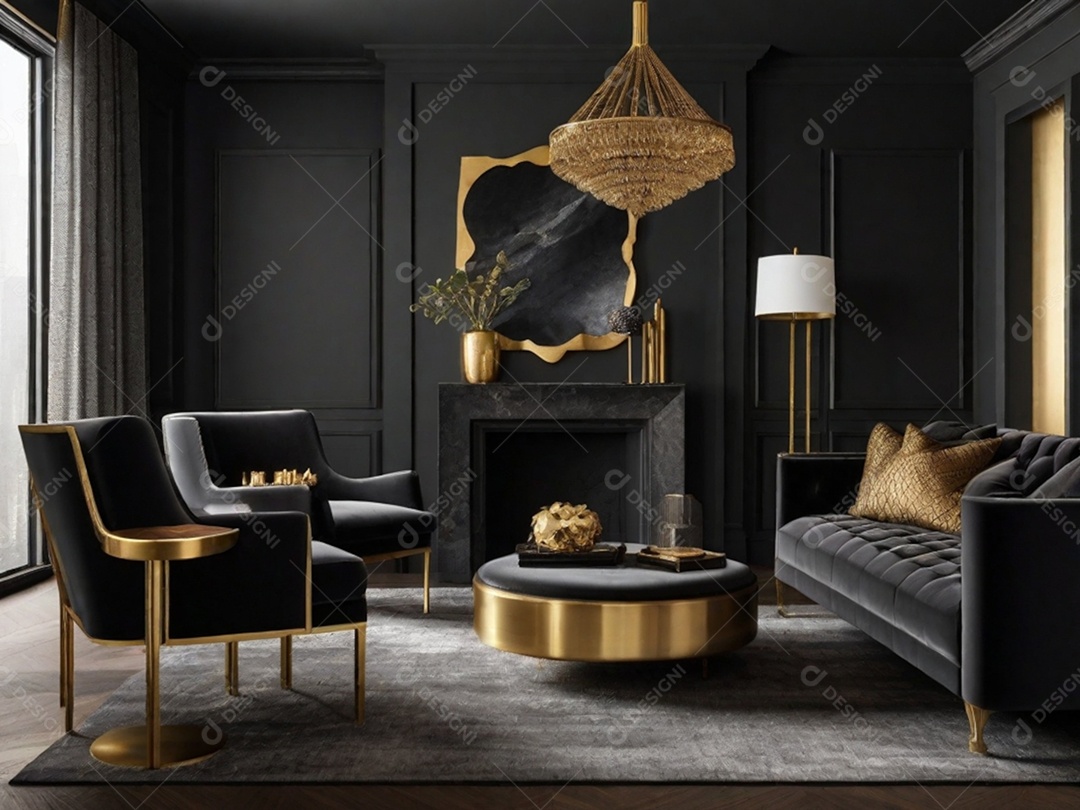 Combine paredes cinza escuro com texturas luxuosas como veludo, detalhes em latão e móveis de madeira rica para uma sala de estar ou quarto elegante e temperamental.