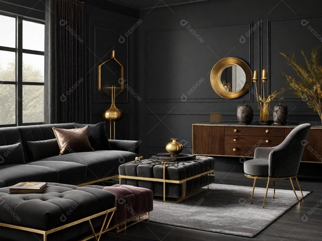 Combine paredes cinza escuro com texturas luxuosas como veludo, detalhes em latão e móveis de madeira rica para uma sala de estar ou quarto elegante e temperamental.