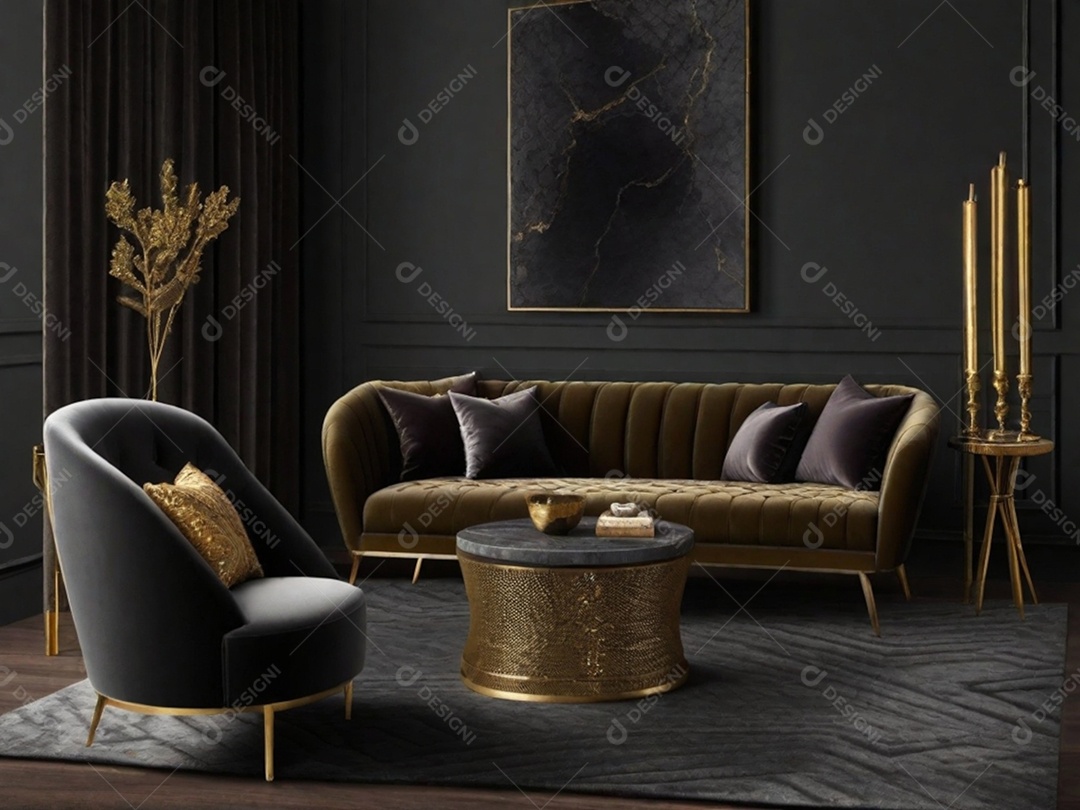 Combine paredes cinza escuro com texturas luxuosas como veludo, detalhes em latão e móveis de madeira rica para uma sala de estar ou quarto elegante e temperamental.