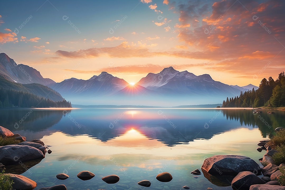 Linda paisagem oceano pacífico lago montanha nascer do sol