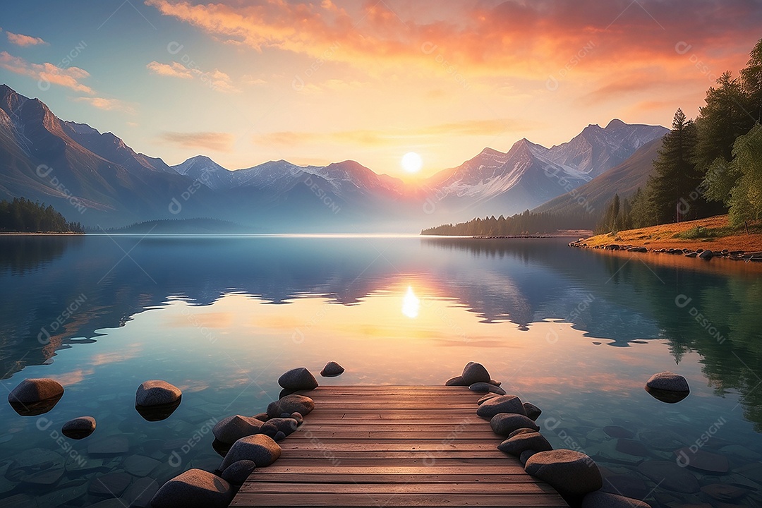 Linda paisagem oceano pacífico lago montanha nascer do sol