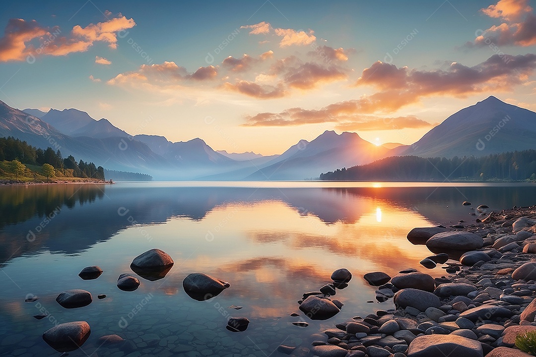 Linda paisagem oceano pacífico lago montanha nascer do sol