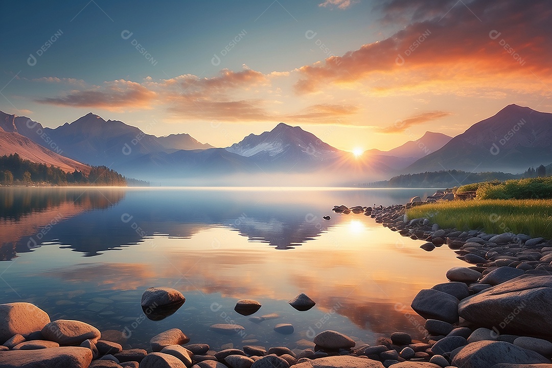 Linda paisagem oceano pacífico lago montanha nascer do sol