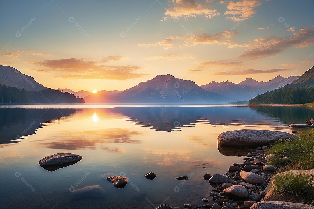 Linda paisagem oceano pacífico lago montanha nascer do sol